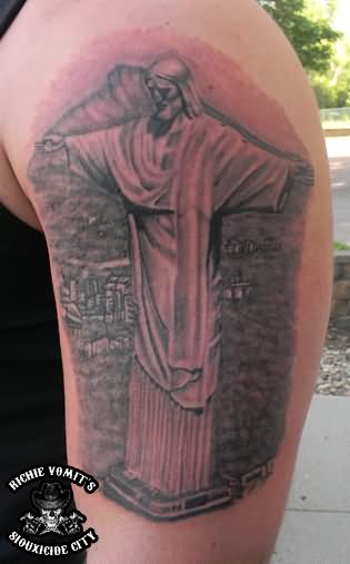 Attractive Black And Grey Christ The Redeemer Tattoo On Shoulder