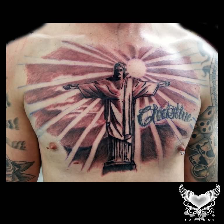 Attractive Black Ink Christ The Redeemer Tattoo On Man Chest