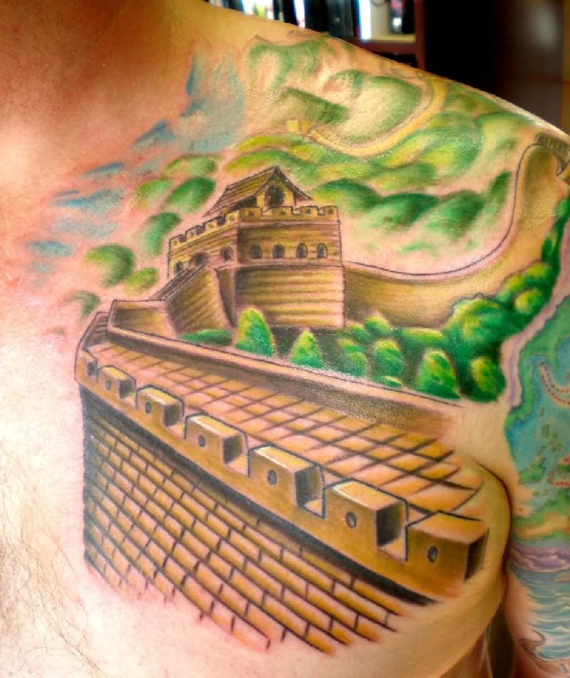 Attractive Great Wall Of China Tattoo On Man Chest