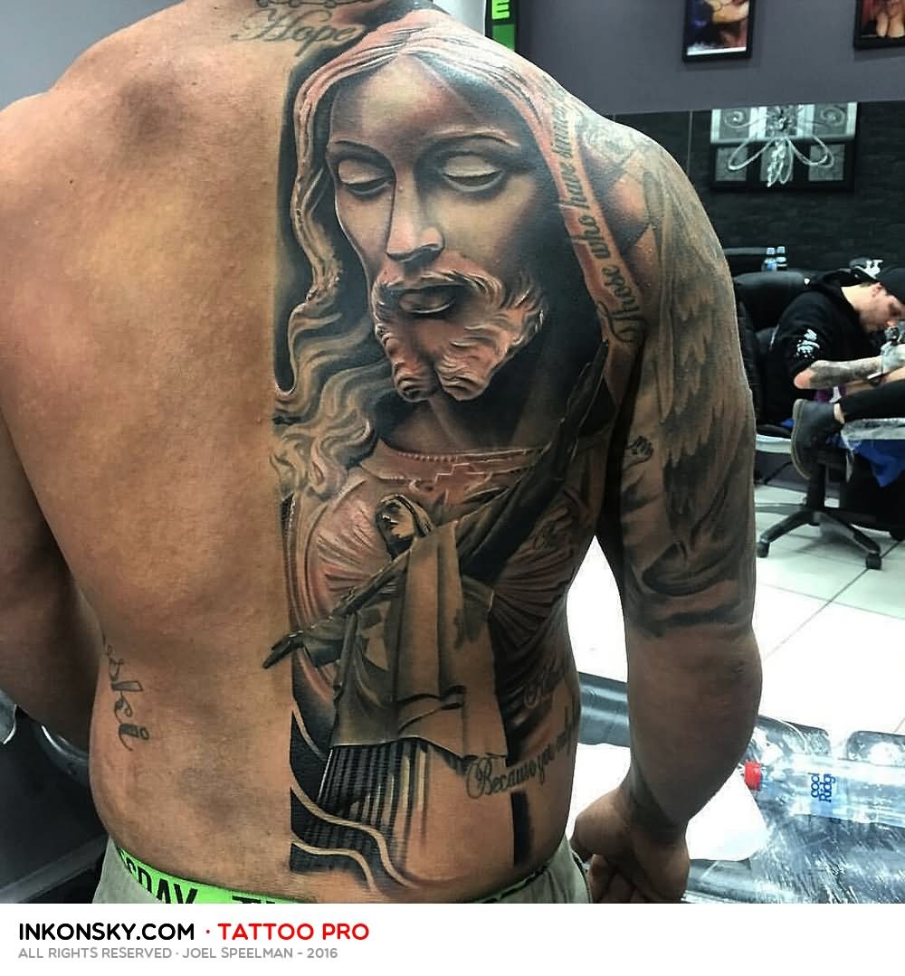 Awesome 3D Christ The Redeemer Tattoo On Man Full Back