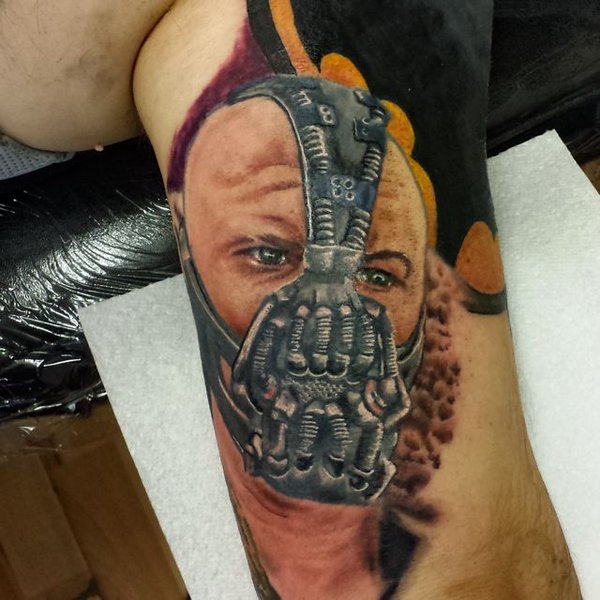 Awesome Bane Face Tattoo Design For Bicep