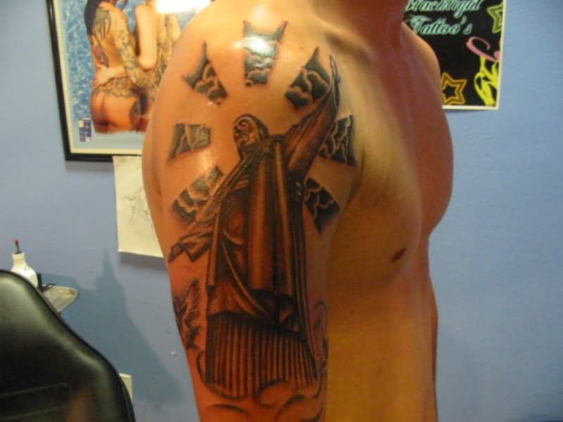 Awesome Christ The Redeemer Tattoo On Man Right Shoulder
