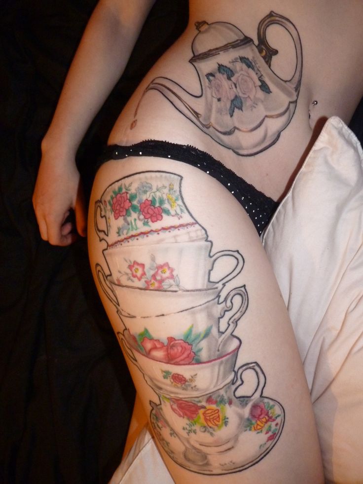 Awesome Stacked Teacup Tattoos On Girl Thigh