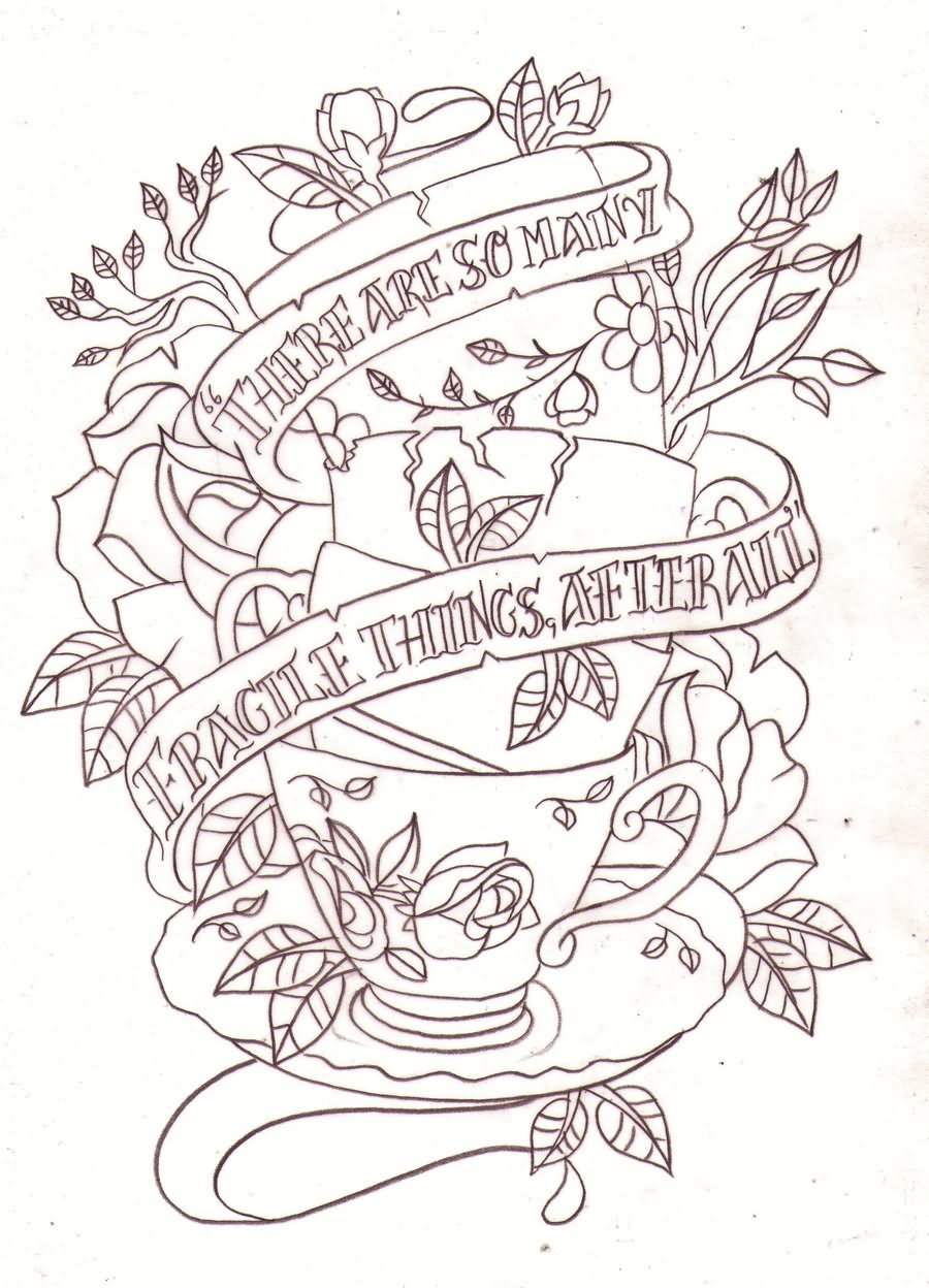 Banner And Alice in Wonderland Teacup Tattoo Design by Nevermore Ink