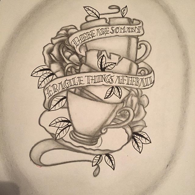 Banner And Stacked Teacup Tattoo Design
