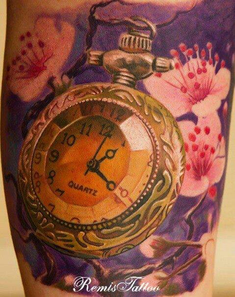 Beautiful Flowers And Pocket Watch Tattoo On Bicep
