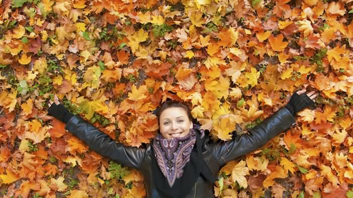 Beautiful Girl Laying On Fallen Leaves Happy First Day Of Fall