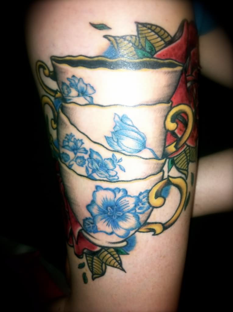 Beautiful Stacked Teacup Tattoos On Half Sleeve