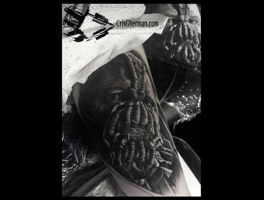 Black And Grey 3D Bane Face Tattoo Design For Sleeve By Cris Gherman