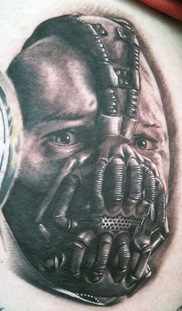 Black And Grey 3D Bane Face Tattoo Design