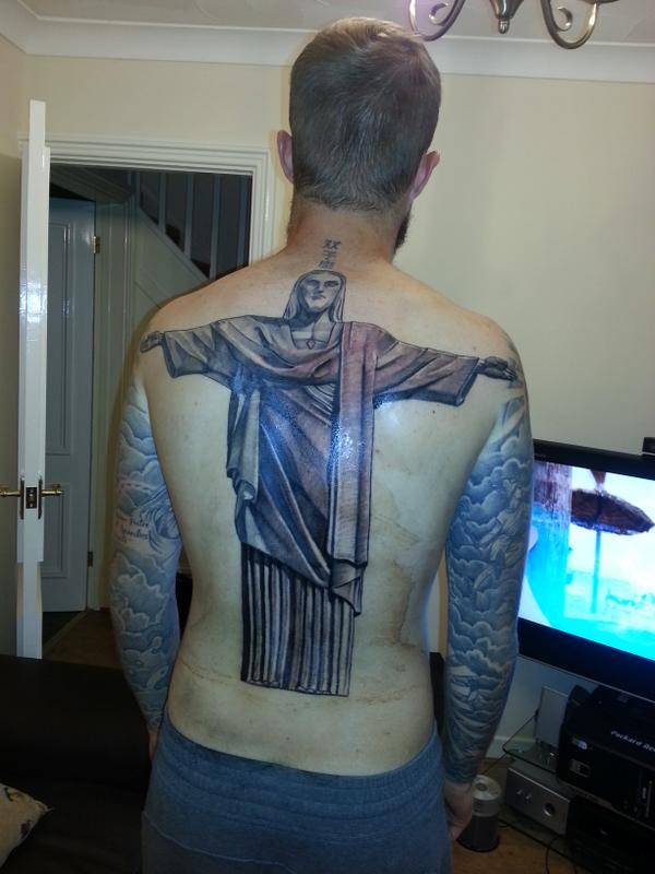 Black And Grey Christ The Redeemer Tattoo On Man Full Back