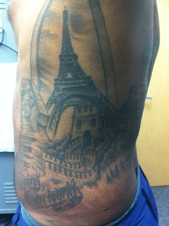 Black And Grey Eiffel Tower With Great Wall Of China Tattoo On Man Side Rib