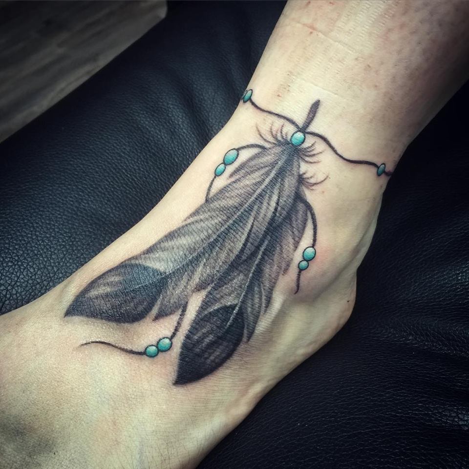 Black And Grey Feather Tattoos On Ankle