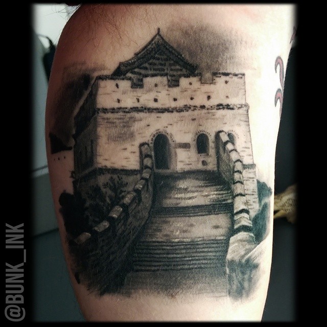Black And Grey Great Wall Of China Tattoo Design