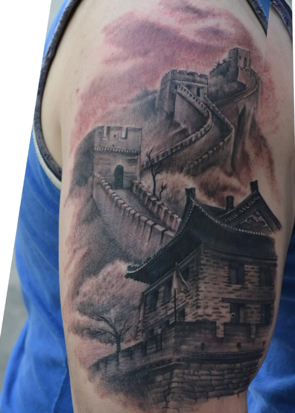 Black And Grey Great Wall Of China Tattoo On Right Half Sleeve By JamieMHenderson