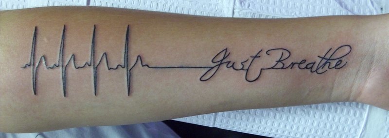 Black Heart Beat With Just Breathe Lettering Tattoo Design For Forearm By Lug0si