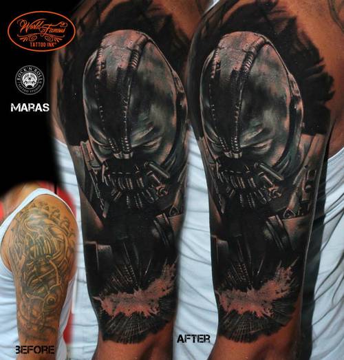 Black Ink Bane Tattoo On Left Half Sleeve