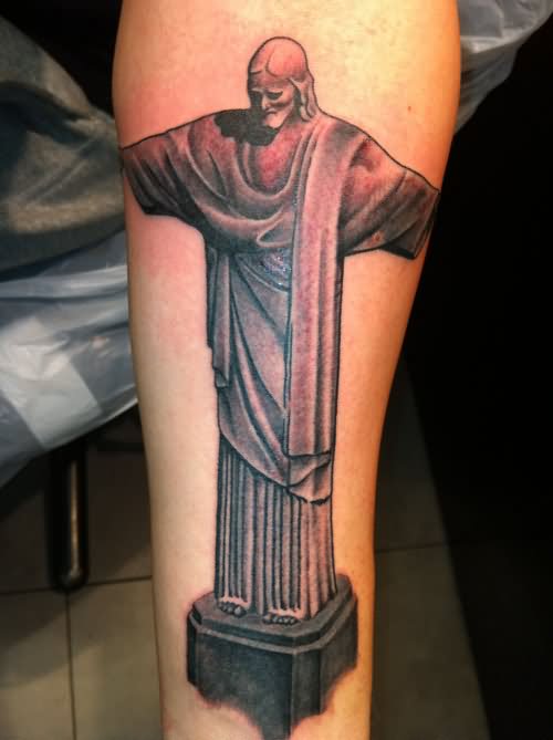 Black Ink Christ The Redeemer Tattoo On Forearm