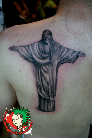 Black Ink Christ The Redeemer Tattoo On Left Back Shoulder