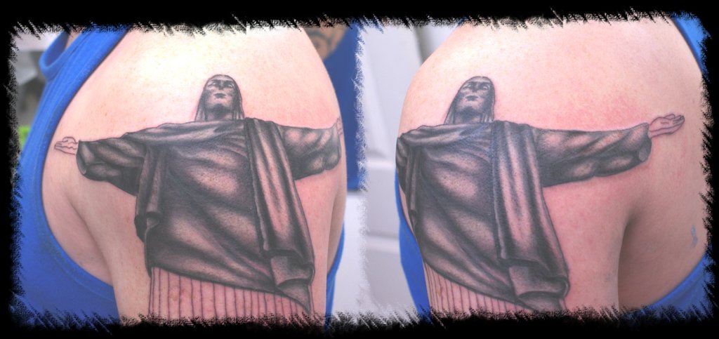 Black Ink Christ The Redeemer Tattoo On Left Shoulder By Bmxninja
