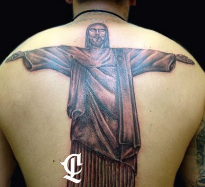 Black Ink Christ The Redeemer Tattoo On Man Back