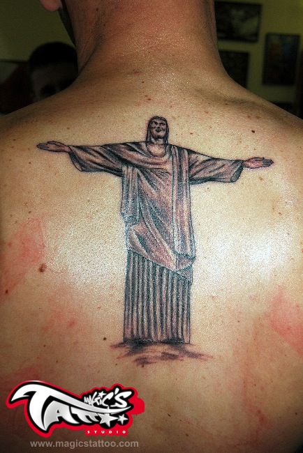Black Ink Christ The Redeemer Tattoo On Man Upper Back