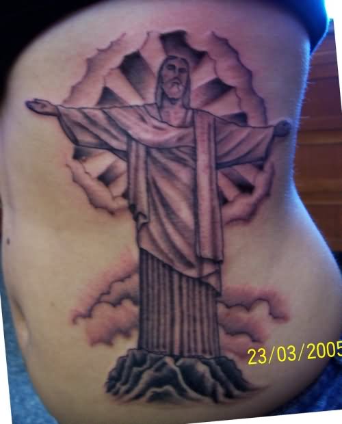 Black Ink Christ The Redeemer Tattoo On Side Rib