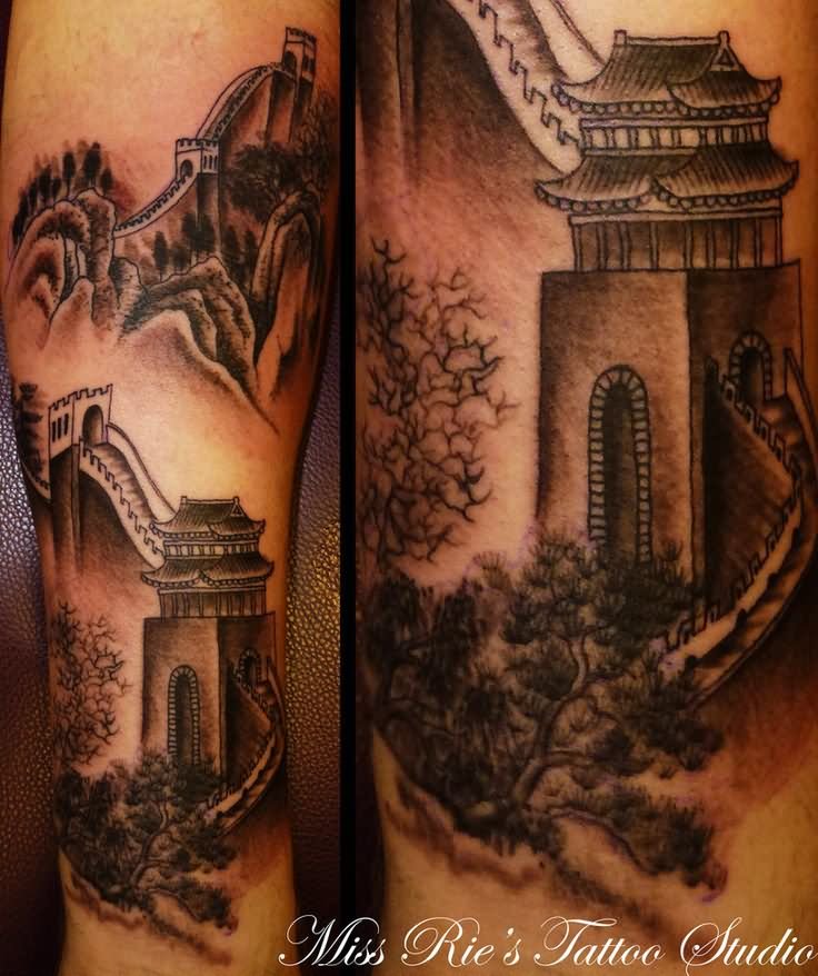 Black Ink Great Wall Of China Tattoo Design For Sleeve By Onksy