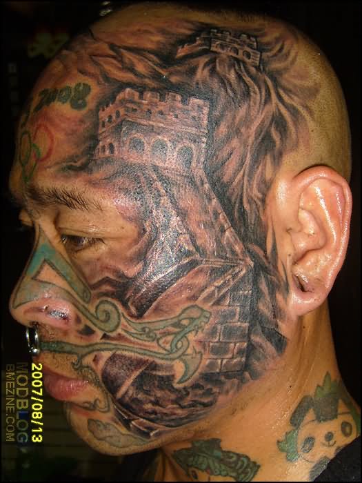 Black Ink Great Wall Of China Tattoo On Man Face