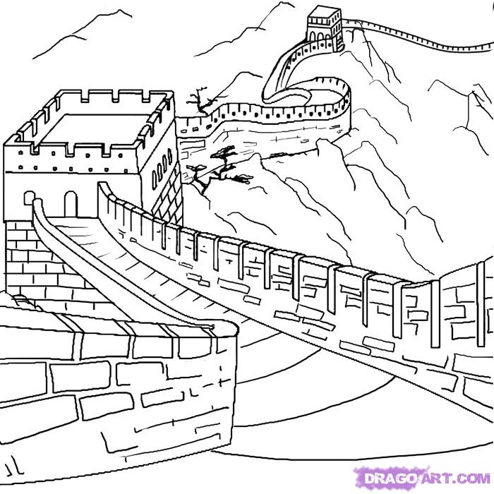 Black Outline Great Wall Of China Tattoo Stencil