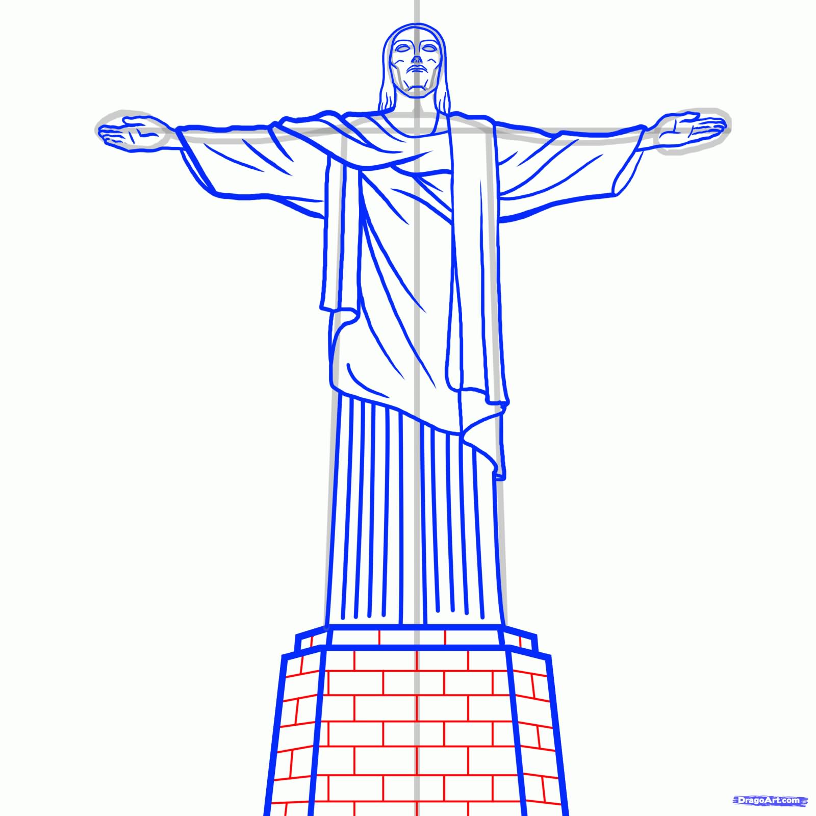Blue And Red Outline Christ The Redeemer Tattoo Stencil