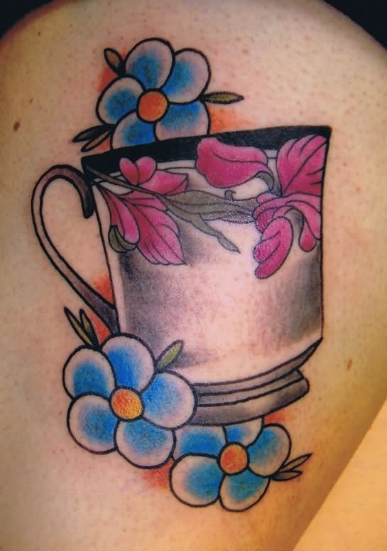 Blue Flowers And Teacup Tattoo