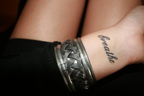 Breathe Lettering Tattoo Design For Girl Left Wrist