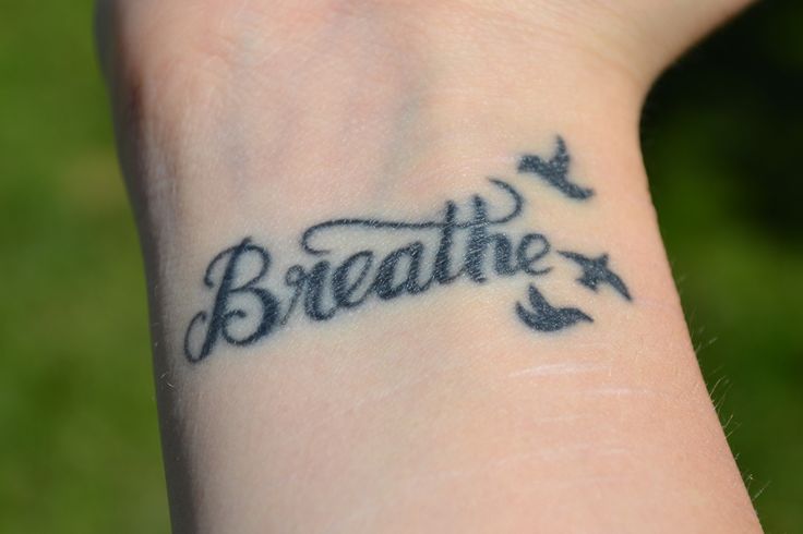 Breathe Lettering With Flying Birds Tattoo On Wrist