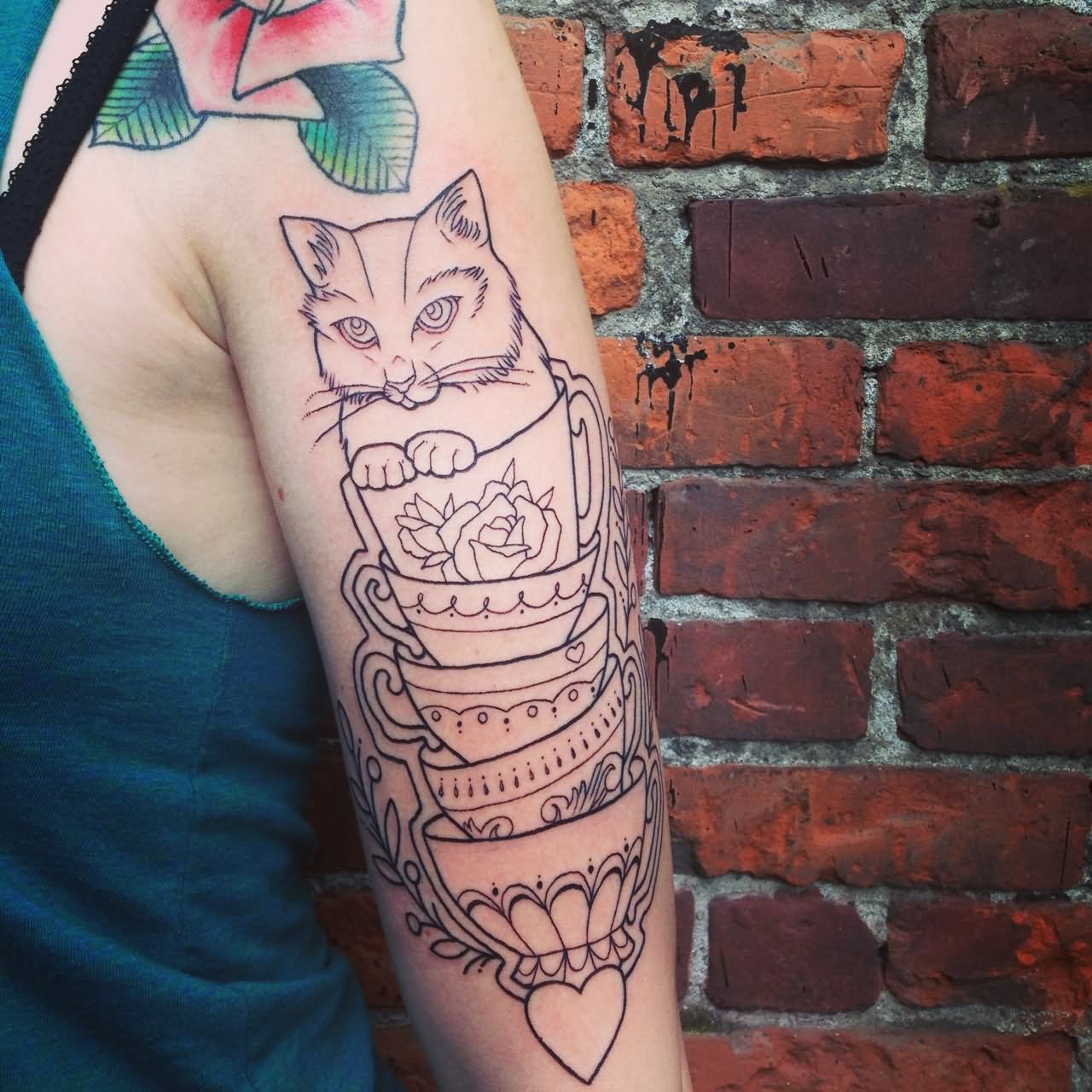 Cat Stacked Teacup Tattoos On Left Half Sleeve