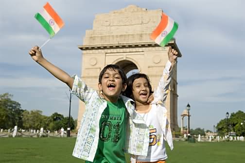 Children Waving Indian Flags During Independence Day Celebrations