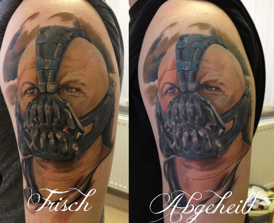 Classic Bane Face Tattoo On Left Half Sleeve