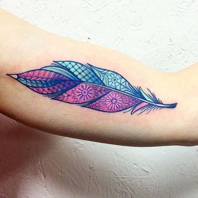 Color Feather Tattoo On Bicep