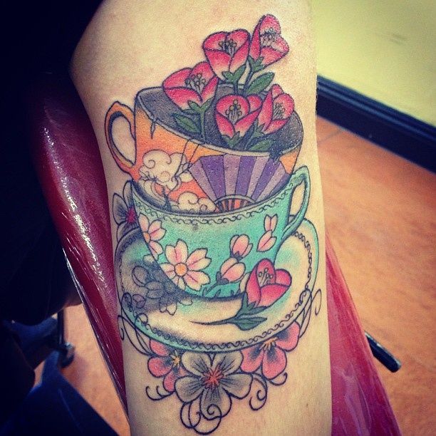 Color Flowers And Stacked Teacup Tattoos