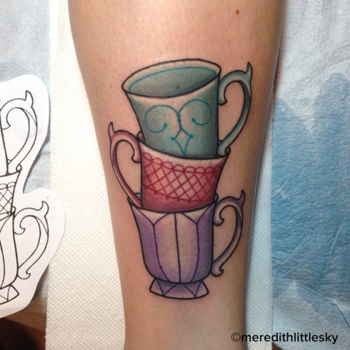 Color Ink Stacked Teacup Tattoo On Arm