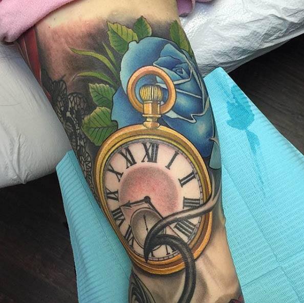 Colored Pocket Watch Tattoo On Left Sleeve