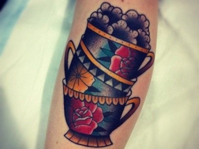 Colored Stacked Teacup Tattoos On Leg