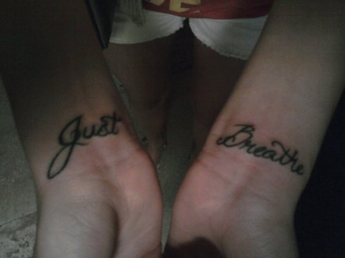 Cool Just Breathe Lettering Tattoo On Both Wrist