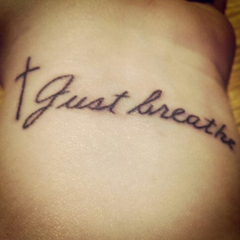 Cross With Just Breathe Lettering Tattoo Design For Wrist