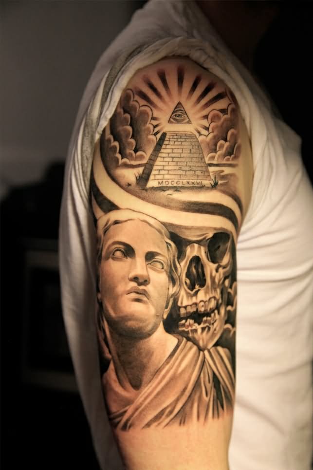 Great Pyramid Of Giza With Skull Tattoo On Right Half Sleeve By Lil B