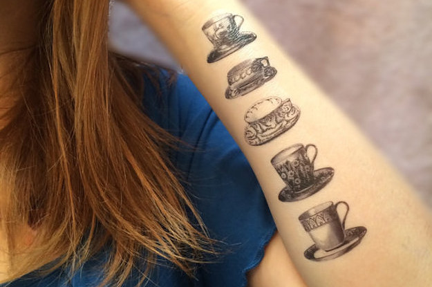 Grey Ink Ink Simple Teacup Tattoos On Girl Left Forearm