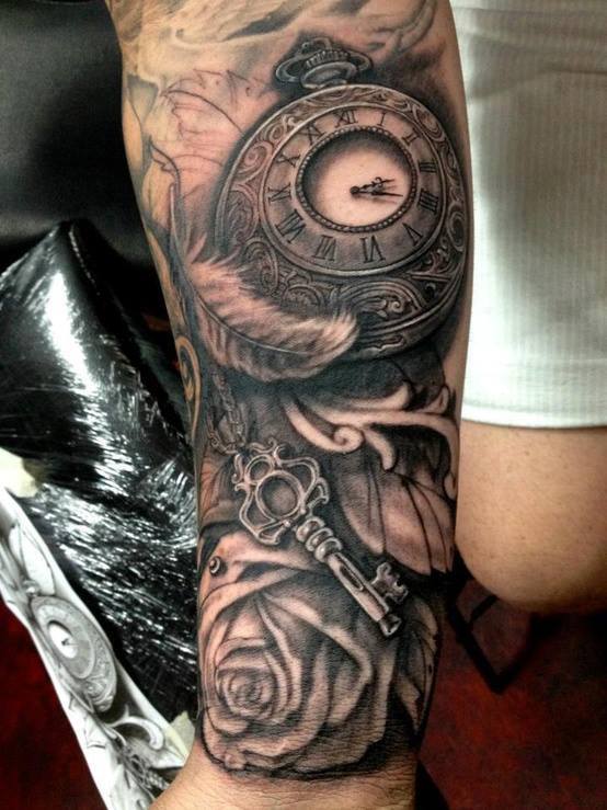 Grey Ink Key And Pocket Watch Tattoo On Right Sleeve