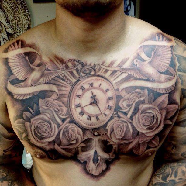 Grey Ink Rose Flowers Watch Tattoo On Man Chest