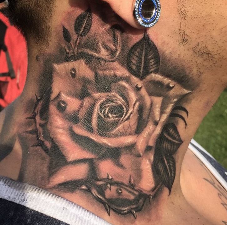 Grey Ink Rose Tattoo On Side Neck