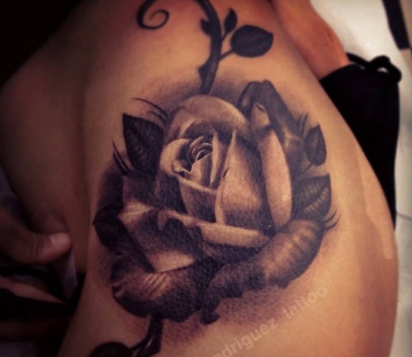 Grey Rose Tattoo On Side Rib